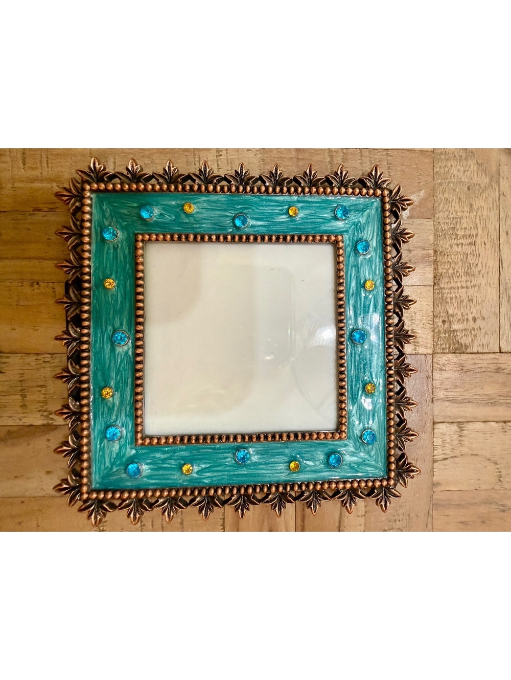 Decorative Square Photo Frame with Turquoise and Amber Accents